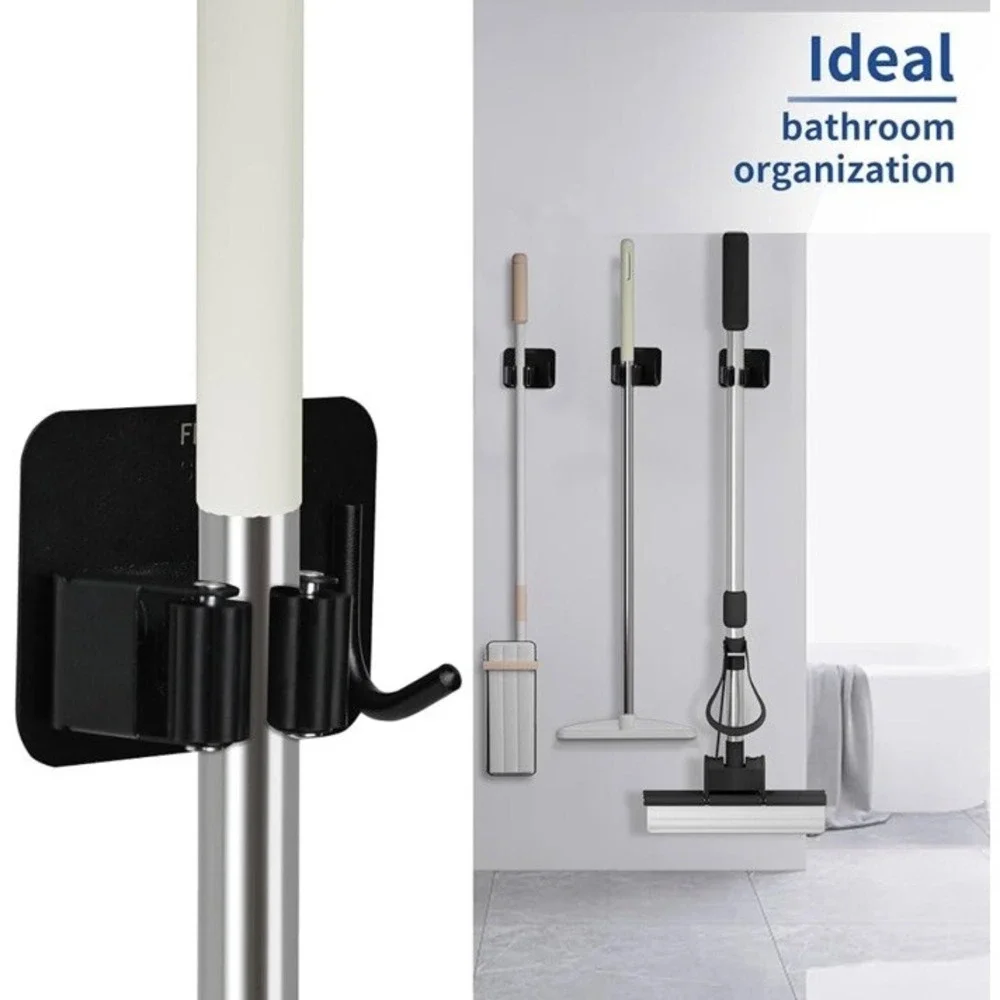 FPOSEI Broom Mop Holder 4‎ Pack Black Stainless Steel Wall Mount Adhesive Hook